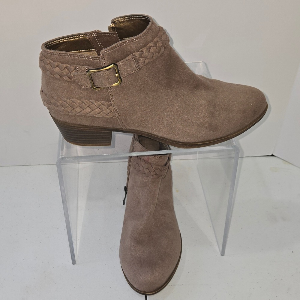LifeStride Adriana Taupe Faux Suede Braided Ankle Boots Womens Size 8M Low Heel